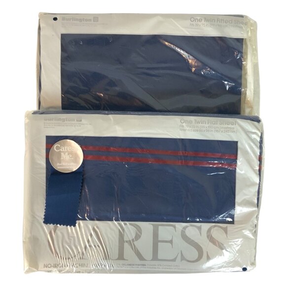 Burlington Caress No-Iron Twin Sheet Set Navy Blue Red Stripe Fitted Flat - Picture 1 of 4